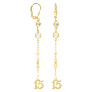 10kt 10k  Gold Women CZ Sweet 15 Quinceanera Beaded Dangle Leverback Earrings